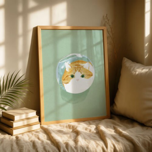Cat Head in Fishbowl Print - Distorted Face Art - Funny Aquarium Decor