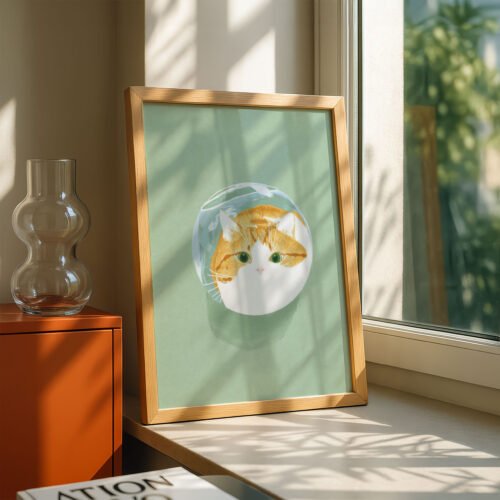 Cat Head in Fishbowl Print - Distorted Face Art - Funny Aquarium Decor