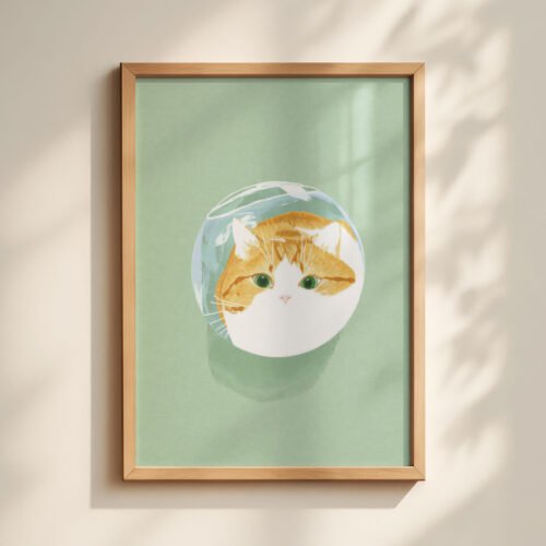 Cat Head in Fishbowl Print - Distorted Face Art - Funny Aquarium Decor
