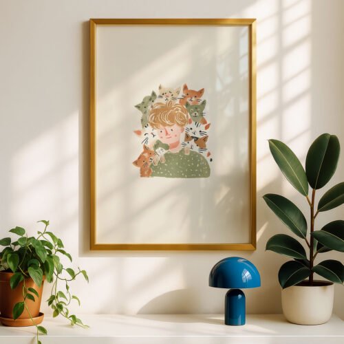 Boy with Many Cats Print - Cat Dad Gift - Surrounded by Kittens Art