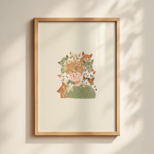 Boy with Many Cats Print - Cat Dad Gift - Surrounded by Kittens Art