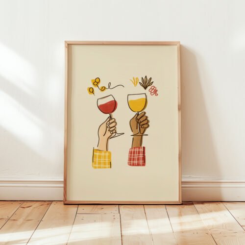 Cheers Art Print - Best Friend Gift - Watercolor Wine Toast Illustration