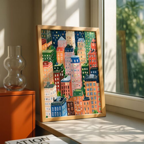 image.png Colorful City Buildings Print - Urban Landscape Art - Whimsical Town Illustration