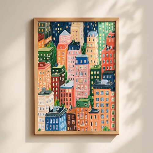 image.png Colorful City Buildings Print - Urban Landscape Art - Whimsical Town Illustration