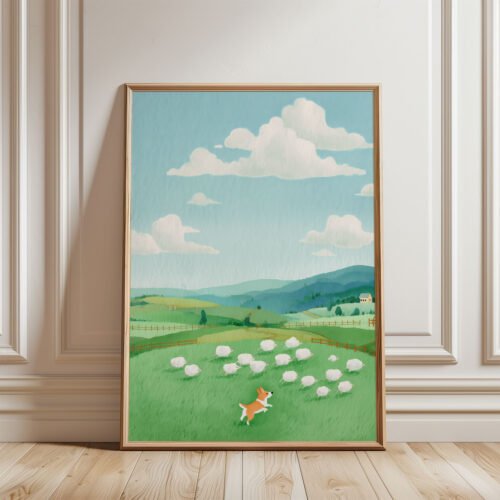 Corgi Pastel Wall Art – Funny Dog Chasing Print – Gift for Corgi Lover