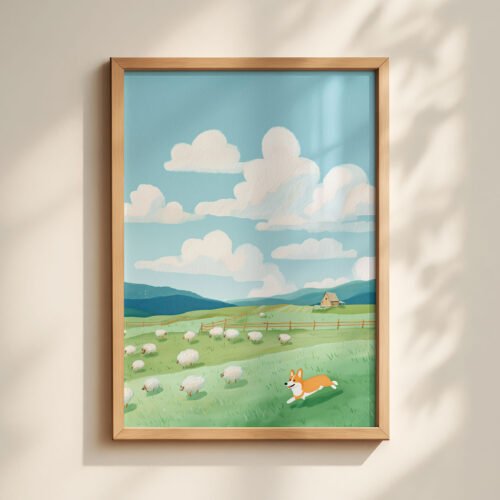 Corgi Pastel Wall Art – Funny Dog Chasing Print – Gift for Corgi Lover