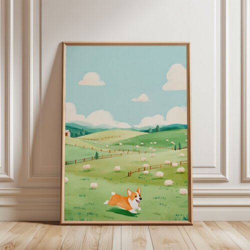Corgi Pastel Wall Art – Funny Dog Chasing Print – Gift for Corgi Lover
