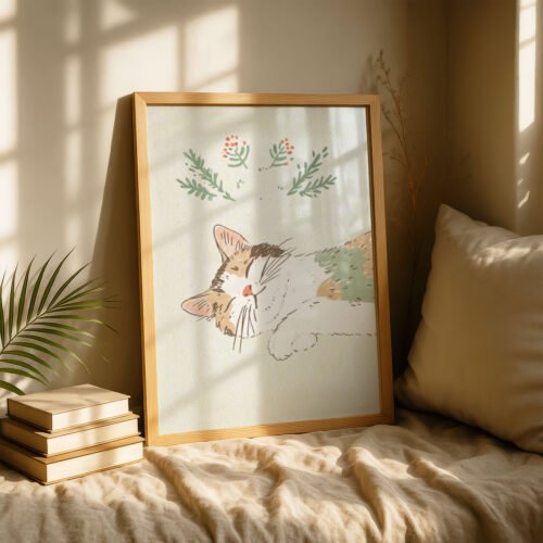 Sleeping Curled Up Cat - Cozy Nap Art - Peaceful Nursery Decor