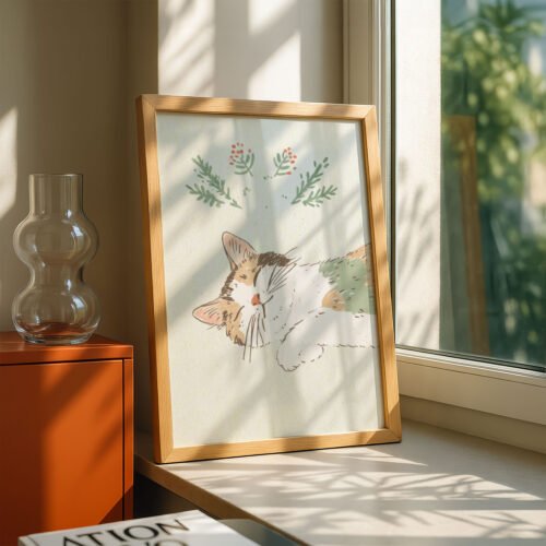 Sleeping Curled Up Cat - Cozy Nap Art - Peaceful Nursery Decor