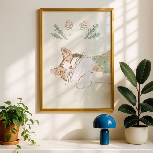 Sleeping Curled Up Cat - Cozy Nap Art - Peaceful Nursery Decor