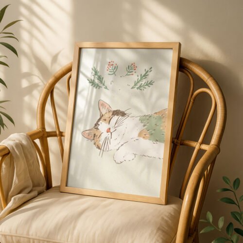 Sleeping Curled Up Cat - Cozy Nap Art - Peaceful Nursery Decor