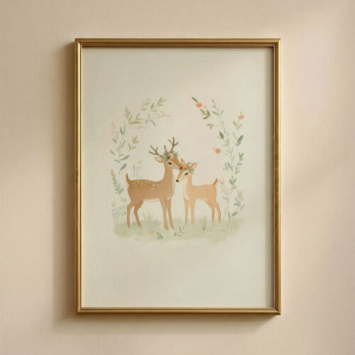 Romantic Deer Couple Print - Woodland Anniversary Art - Stag and Doe Decor