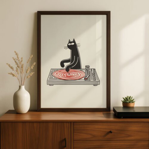 Set of 3 - Funny DJ Cat Minimalist Line Art