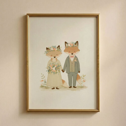 Romantic Fox Wedding Print - Vintage Woodland Couple - Engagement Decor