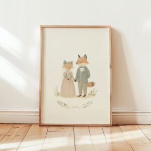 Romantic Fox Wedding Print - Vintage Woodland Couple - Engagement Decor