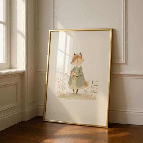 Vintage Fox Girl Print - Vixen in Dress Art - Cottagecore Nursery Decor