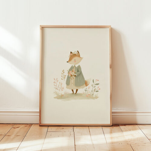Vintage Fox Girl Print - Vixen in Dress Art - Cottagecore Nursery Decor