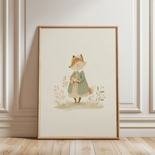 Vintage Fox Girl Print - Vixen in Dress Art - Cottagecore Nursery Decor