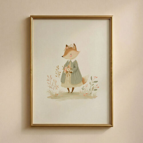 Vintage Fox Girl Print - Vixen in Dress Art - Cottagecore Nursery Decor