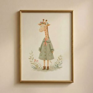 Vintage Giraffe Girl Print - Giraffe in Dress Art - Storybook Style