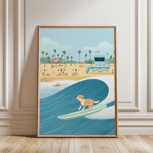 Golden Retriever Art – Funny Dog Surfing Print – Gift for Golden Lover