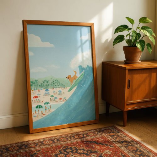 Golden Retriever Art – Funny Dog Surfing Print – Gift for Golden Lover