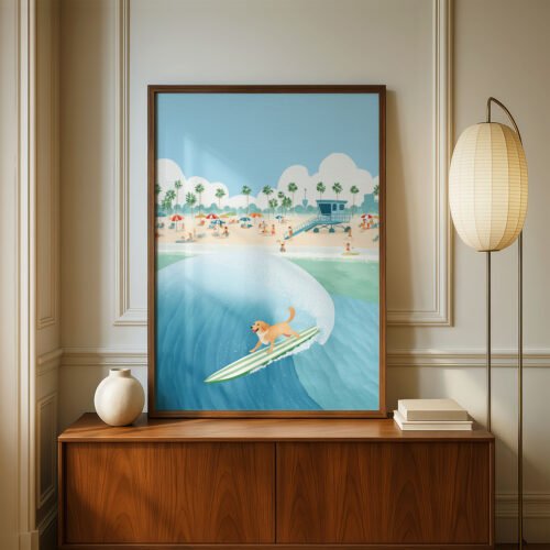 Golden Retriever Art – Funny Dog Surfing Print – Gift for Golden Lover