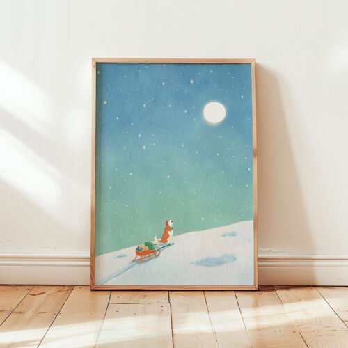 Husky Sleigh Ride Art Print - Storybook Handrawn Style – Gift for Husky Lover
