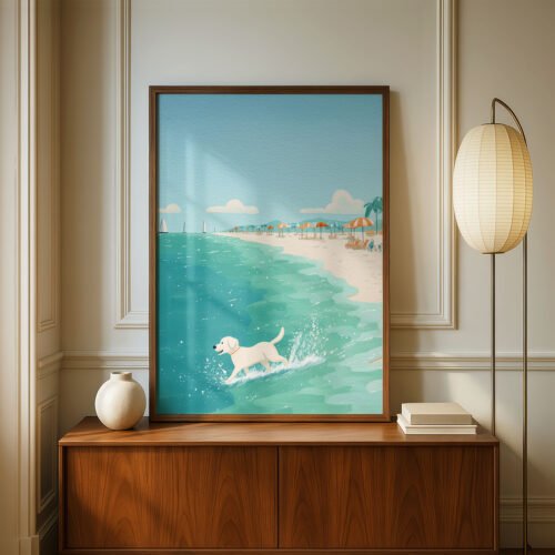 Labrador At the Beach Wall Art – Funny Dog Swimming Print – Gift for Lab Love