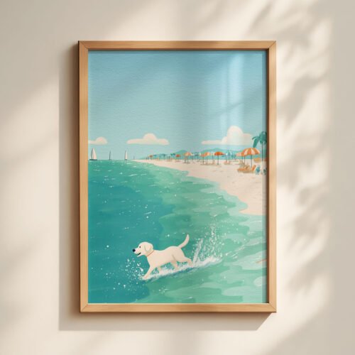 Labrador At the Beach Wall Art – Funny Dog Swimming Print – Gift for Lab Love