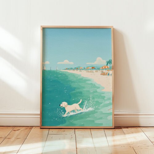 Labrador At the Beach Wall Art – Funny Dog Swimming Print – Gift for Lab Love