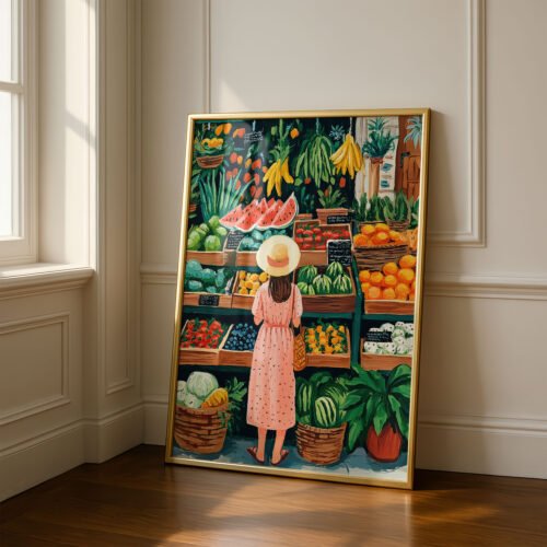 Farmers Market Art Print - Fresh Fruit Stall Decor - Grocery Shopping Illustration