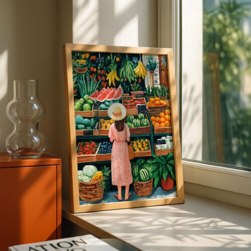 Farmers Market Art Print - Fresh Fruit Stall Decor - Grocery Shopping Illustration