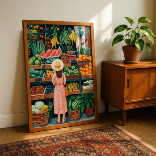 Farmers Market Art Print - Fresh Fruit Stall Decor - Grocery Shopping Illustration
