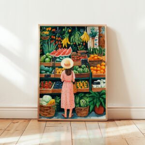 Farmers Market Art Print - Fresh Fruit Stall Decor - Grocery Shopping Illustration