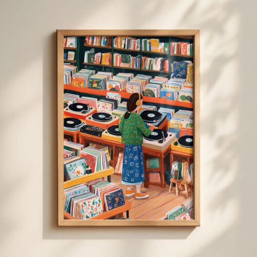 Vinyl Record Shop Print - Music Lover Wall Art - Retro Store Illustration