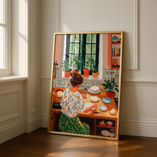 Woman Baking Cake Print - Cozy Kitchen Poster - Homemaker Gift Art