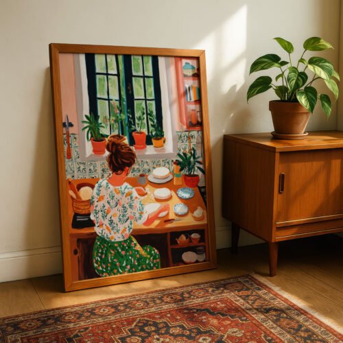 Woman Baking Cake Print - Cozy Kitchen Poster - Homemaker Gift Art