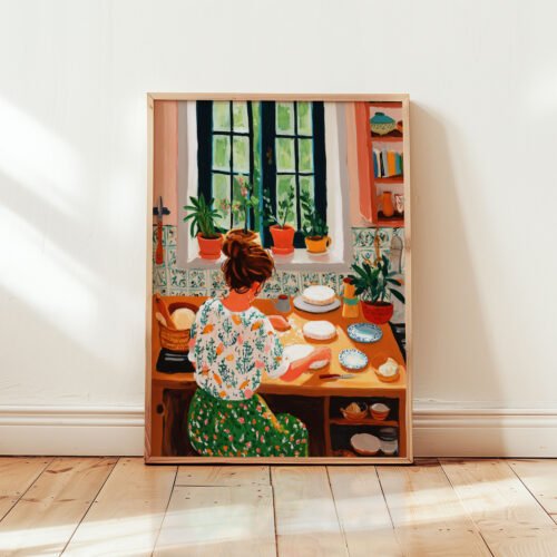 Woman Baking Cake Print - Cozy Kitchen Poster - Homemaker Gift Art