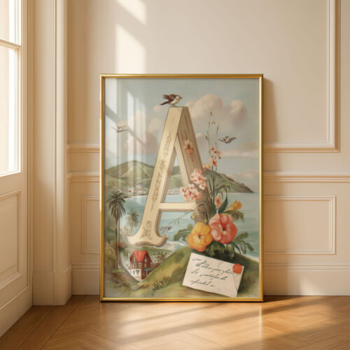Letter A Vintage Floral Art Print - Victorian Garden Decor - Antique Botanical Monogram - Wedding Gift