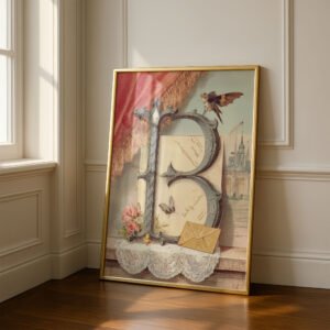 Letter B Botanical Monogram Poster - Cottagecore Nursery Decor - Vintage Floral Alphabet Wall Art - Retro Typography