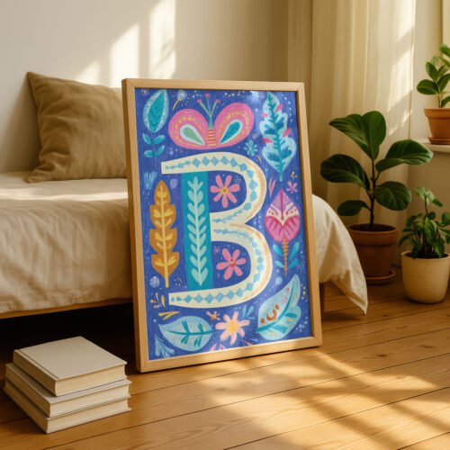 Letter B Floral Alphabet Decor -  Floral Initial Nursery Decor - Whimsical Folk Flower Monogram - Baby Shower Gift