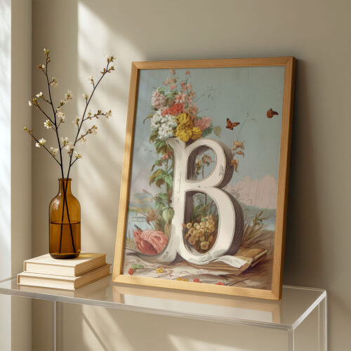 Letter B Botanical Monogram Poster - Cottagecore Nursery Decor - Vintage Floral Alphabet Wall Art - Retro Typography