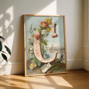 Letter C Botanical Monogram Poster - Cottagecore Nursery Decor - Vintage Floral Alphabet Wall Art - Retro Typography
