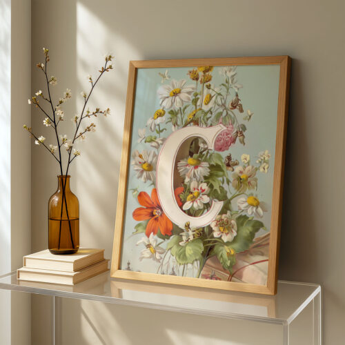 Letter C Botanical Monogram Poster - Cottagecore Nursery Decor - Vintage Floral Alphabet Wall Art - Retro Typography