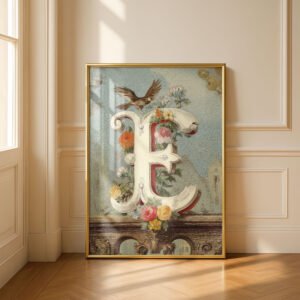 Letter E Vintage Floral Art Print - Victorian Garden Decor - Antique Botanical Monogram - Wedding Gift