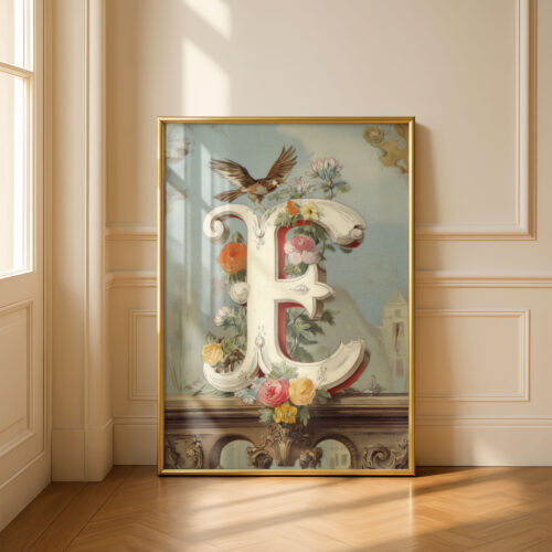 Letter E Vintage Floral Art Print - Victorian Garden Decor - Antique Botanical Monogram - Wedding Gift