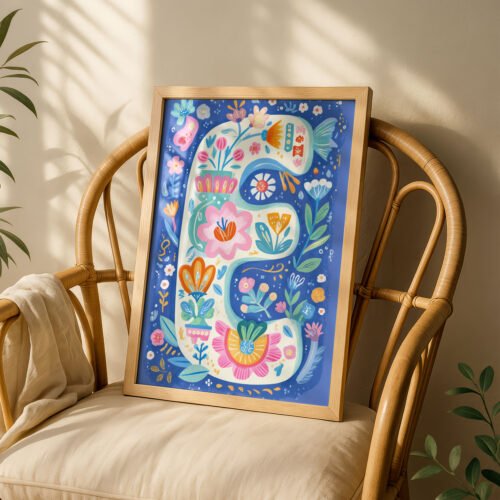 Letter E Floral Alphabet Decor - Girl Nursery Initial Poster - Whimsical Folk Flower Monogram - Baby Shower Gift
