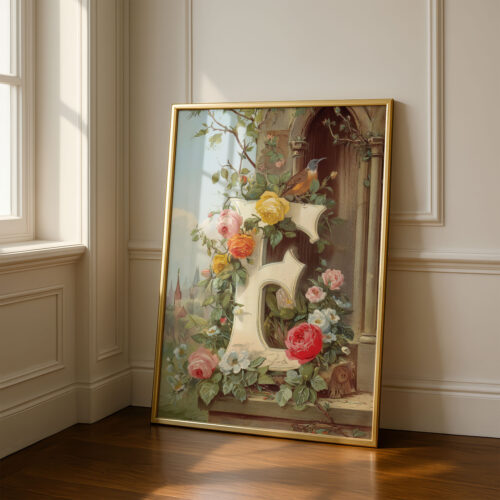 Letter E Vintage Floral Art Print - Victorian Garden Decor - Antique Botanical Monogram - Wedding Gift