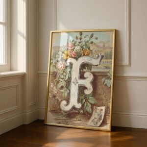 Letter F Botanical Monogram Poster - Cottagecore Nursery Decor - Vintage Floral Alphabet Wall Art - Retro Typography